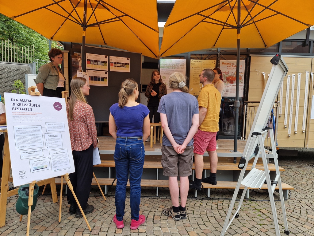 Gruppe bei einer Präsentation zu Kreislaufwirtschaft, Infotafel und Flipchart im Außenbereich.